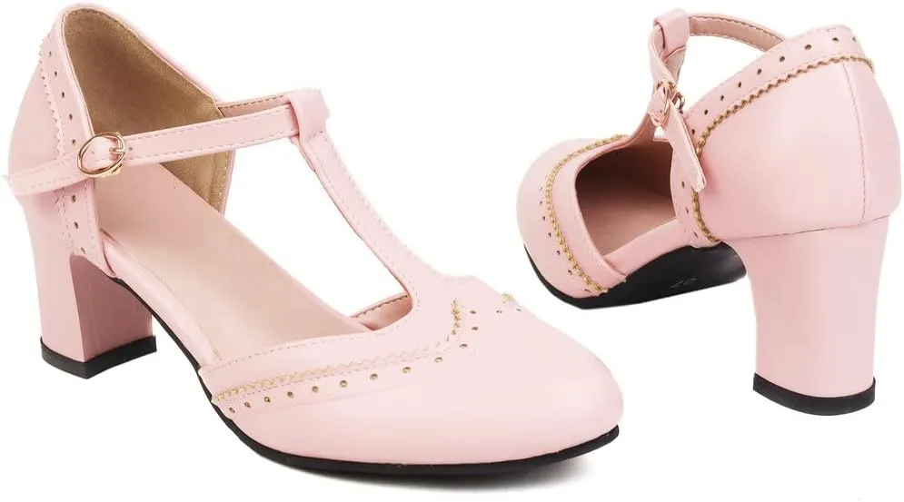 KISSASA Womens Vintage Chunky Heels T Strap Mary Jane Heels Faux Leather Wingtip Heeled Oxford Pumps