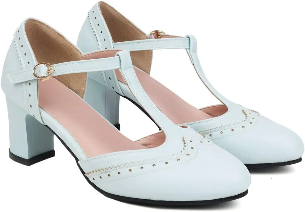 KISSASA Womens Vintage Chunky Heels T Strap Mary Jane Heels Faux Leather Wingtip Heeled Oxford Pumps