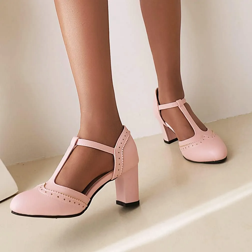 KISSASA Womens Vintage Chunky Heels T Strap Mary Jane Heels Faux Leather Wingtip Heeled Oxford Pumps