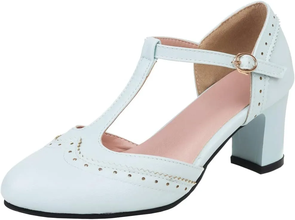 KISSASA Womens Vintage Chunky Heels T Strap Mary Jane Heels Faux Leather Wingtip Heeled Oxford Pumps