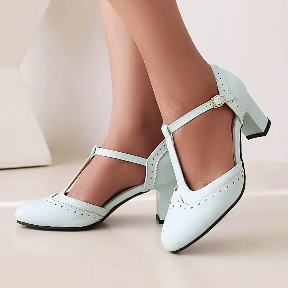 KISSASA Womens Vintage Chunky Heels T Strap Mary Jane Heels Faux Leather Wingtip Heeled Oxford Pumps