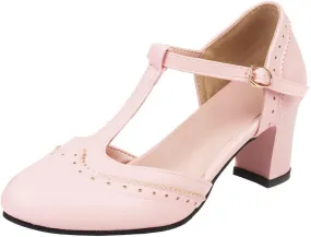 KISSASA Womens Vintage Chunky Heels T Strap Mary Jane Heels Faux Leather Wingtip Heeled Oxford Pumps