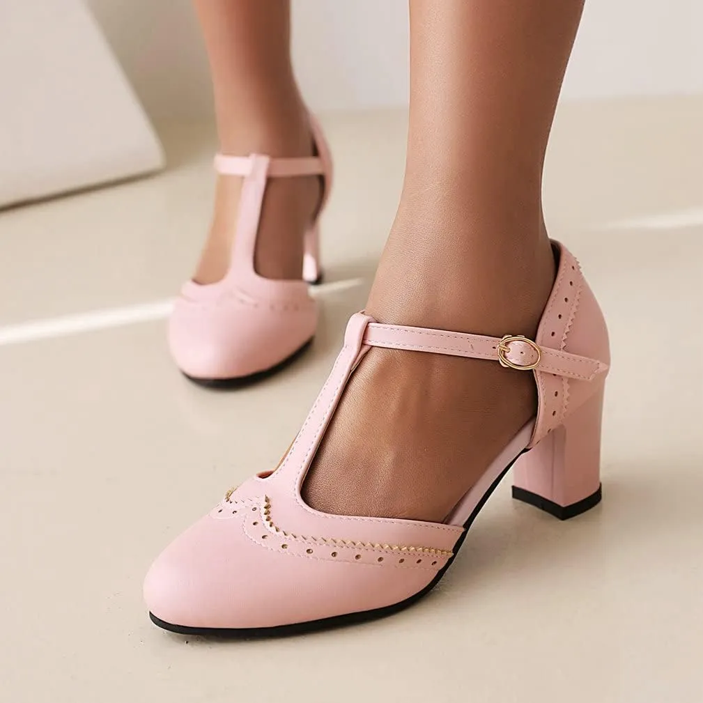KISSASA Womens Vintage Chunky Heels T Strap Mary Jane Heels Faux Leather Wingtip Heeled Oxford Pumps