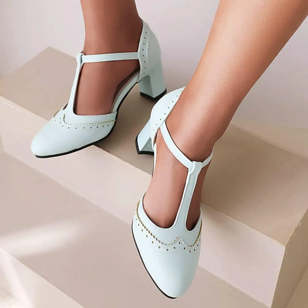 KISSASA Womens Vintage Chunky Heels T Strap Mary Jane Heels Faux Leather Wingtip Heeled Oxford Pumps