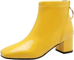 MAVMAX Women's Patent Leather Ankle Boots Chunky Heels Round Toe Booties