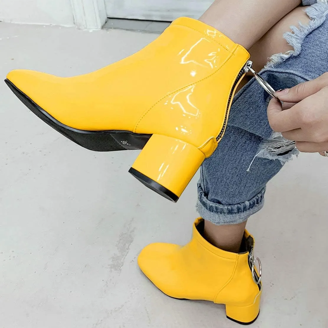 MAVMAX Women's Patent Leather Ankle Boots Chunky Heels Round Toe Booties