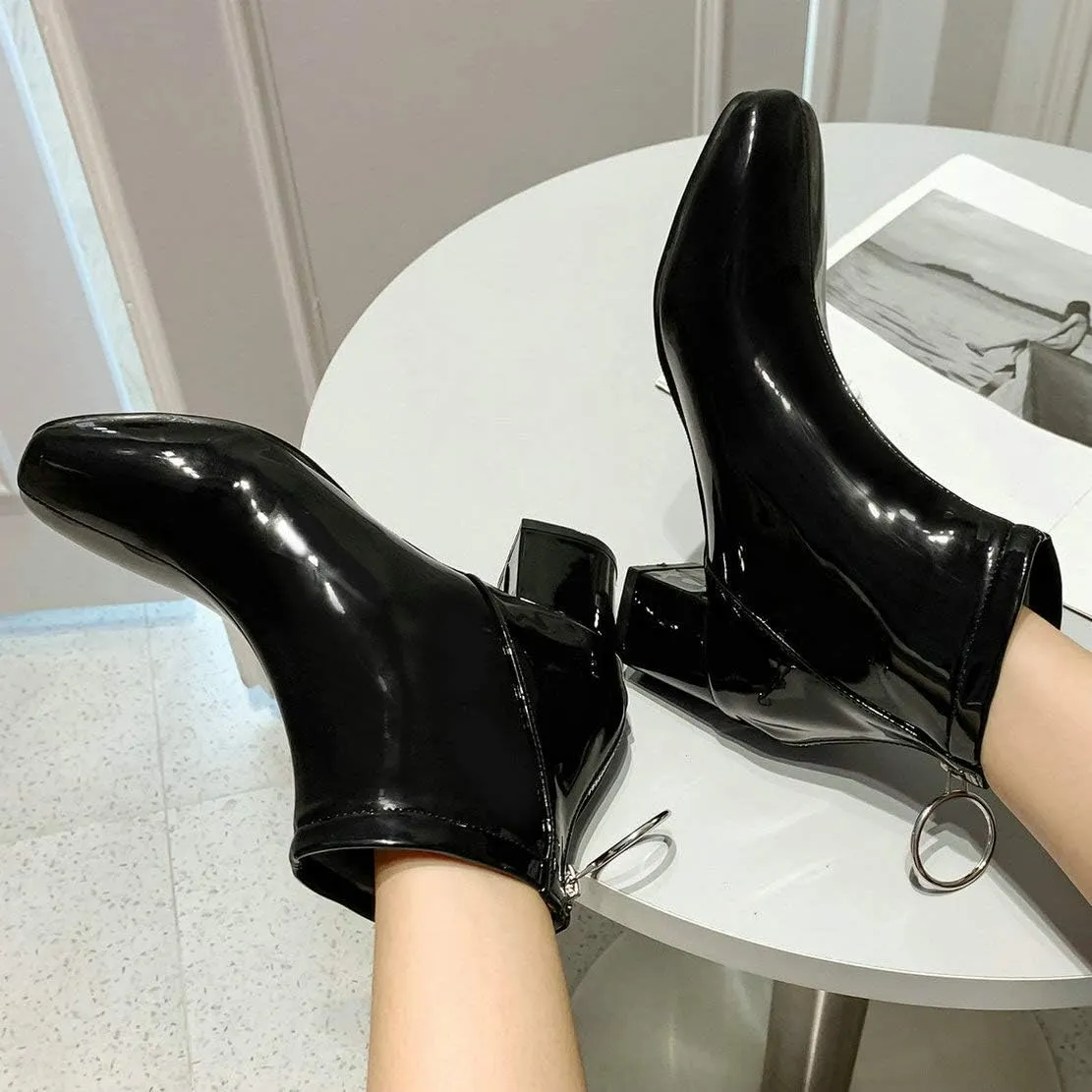 MAVMAX Women's Patent Leather Ankle Boots Chunky Heels Round Toe Booties