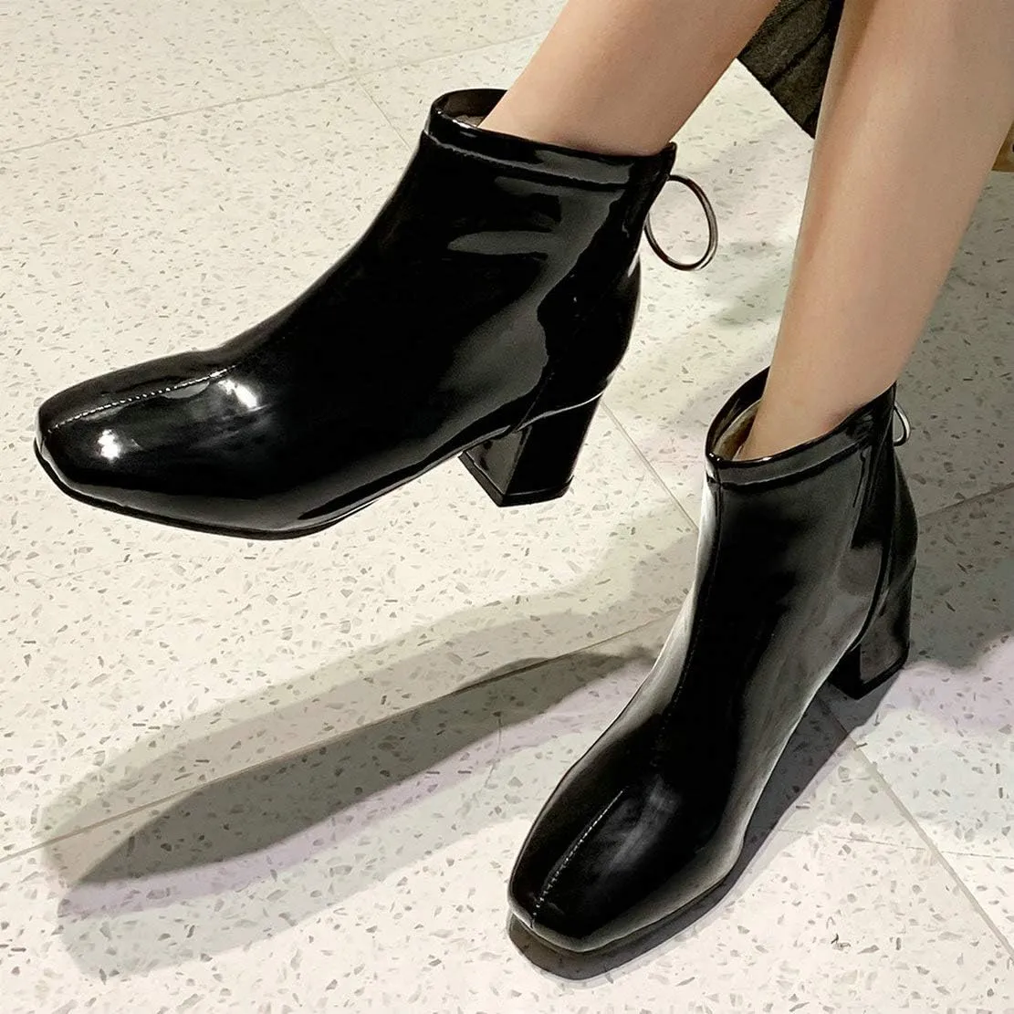 MAVMAX Women's Patent Leather Ankle Boots Chunky Heels Round Toe Booties