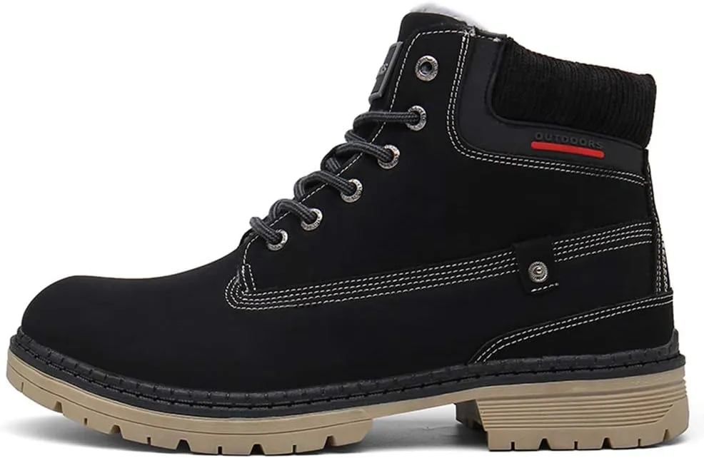 SKDOIUL Mens Winter Snow Boots Leather Ankle Walking Shoes with Warm Fur