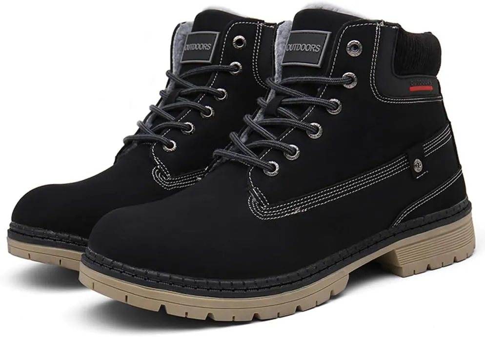 SKDOIUL Mens Winter Snow Boots Leather Ankle Walking Shoes with Warm Fur