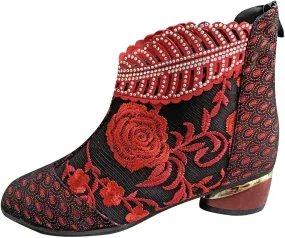 Sparkly Rhinestones Ankle Boots for Women Chunky Heel Vintage Pointed Toe Flower Embroidery Hollow Slip on Mid Heel Booties Retro Casual Ladies Shoes