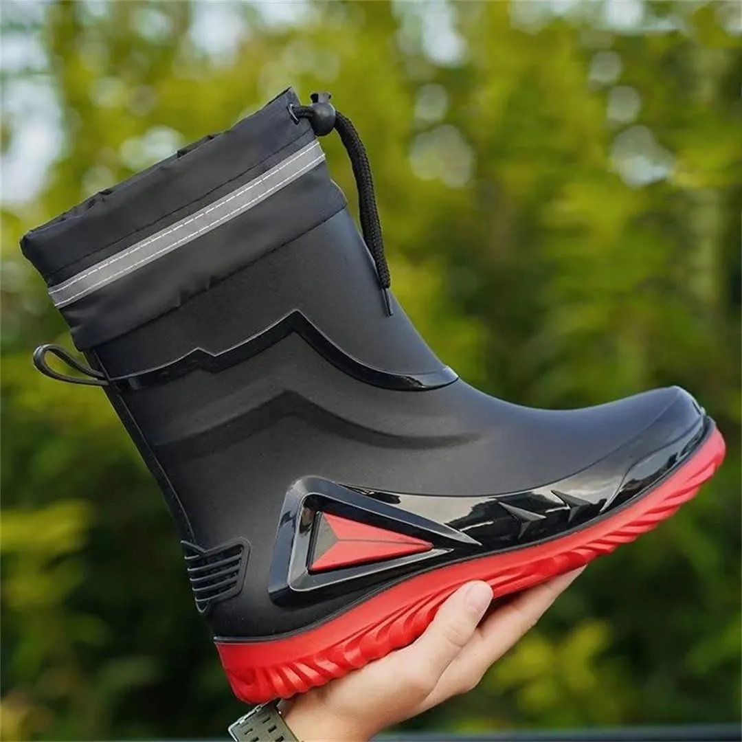Wjnvfioo Men's Waterproof Drawstring Rain Boots Non-Slip Flat Fashion Rider Rain Boots