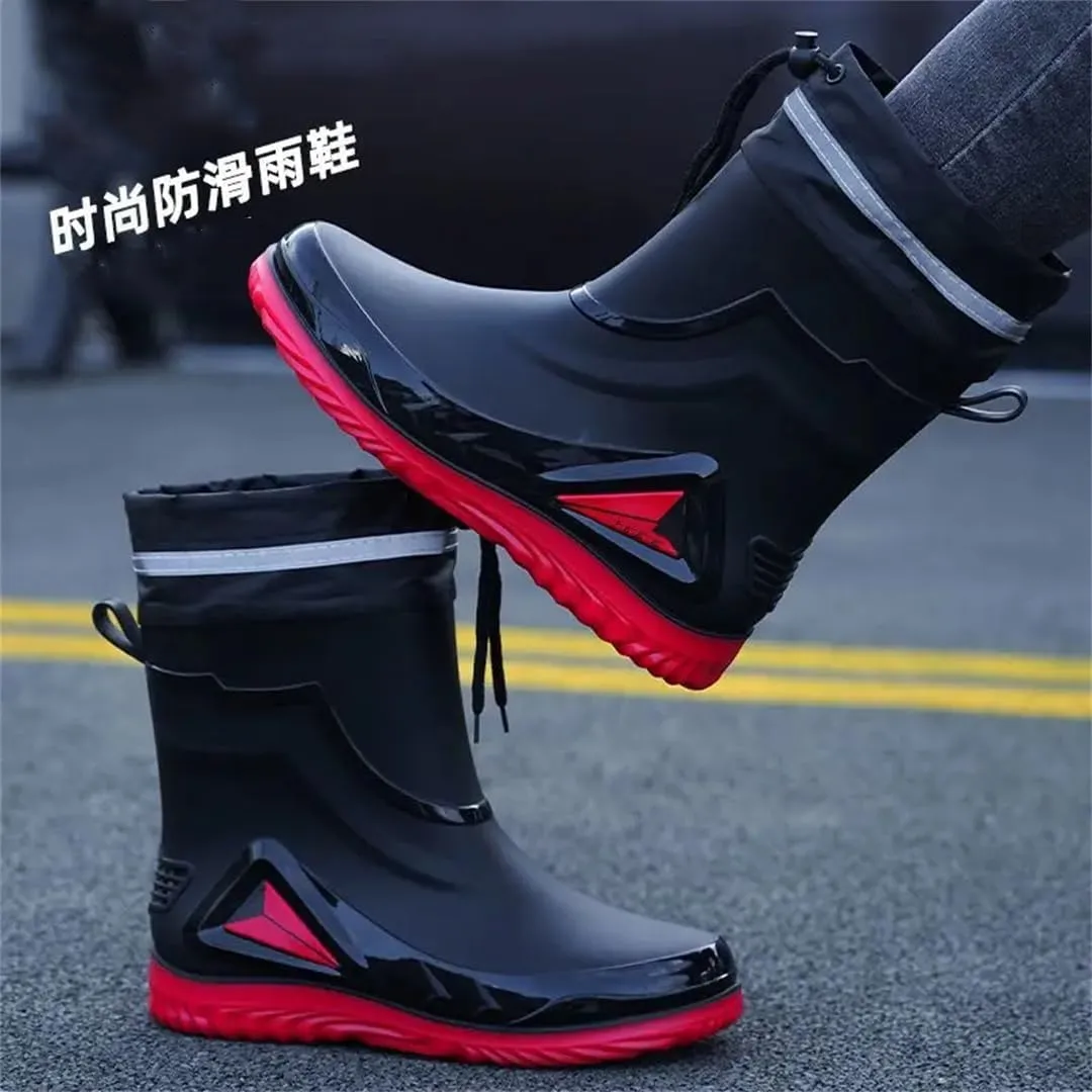 Wjnvfioo Men's Waterproof Drawstring Rain Boots Non-Slip Flat Fashion Rider Rain Boots