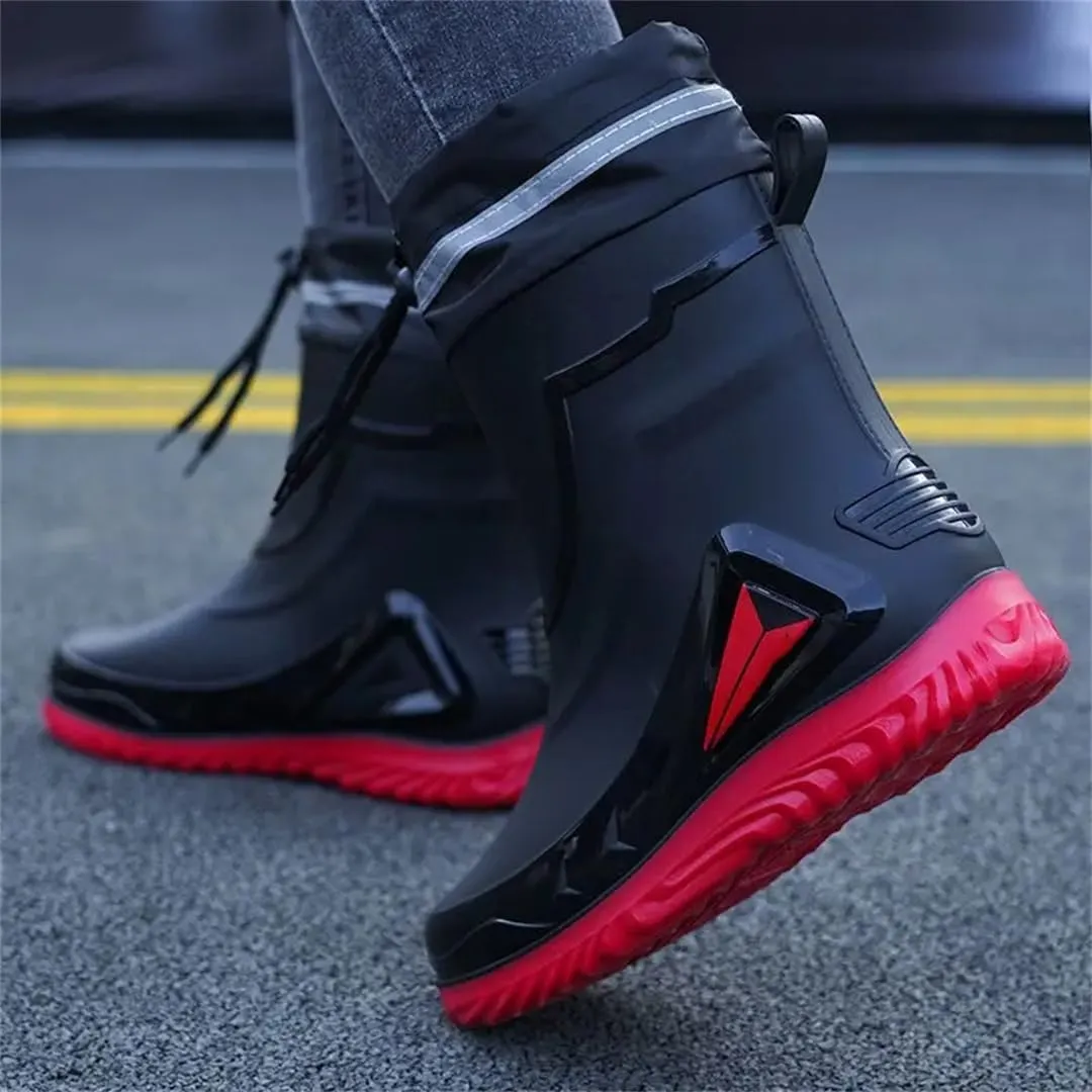 Wjnvfioo Men's Waterproof Drawstring Rain Boots Non-Slip Flat Fashion Rider Rain Boots