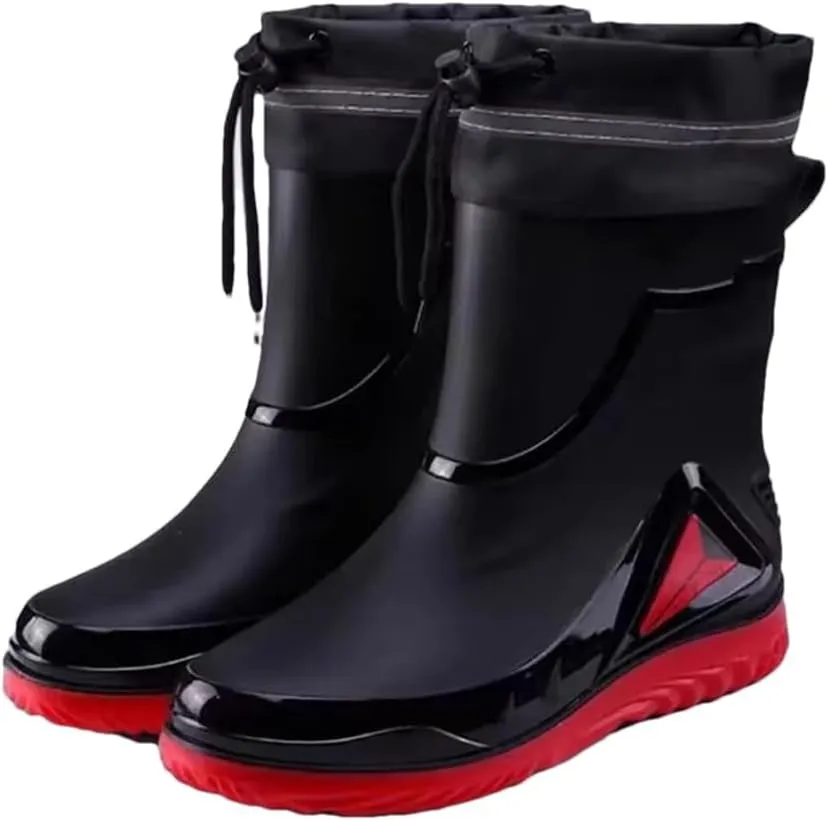 Wjnvfioo Men's Waterproof Drawstring Rain Boots Non-Slip Flat Fashion Rider Rain Boots