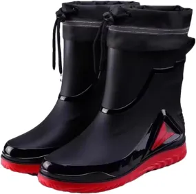 Wjnvfioo Men's Waterproof Drawstring Rain Boots Non-Slip Flat Fashion Rider Rain Boots