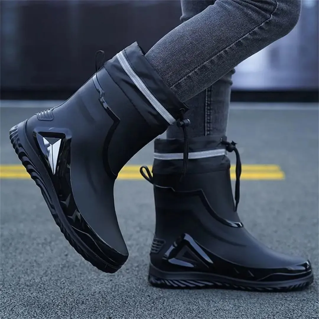 Wjnvfioo Men's Waterproof Drawstring Rain Boots Non-Slip Flat Fashion Rider Rain Boots