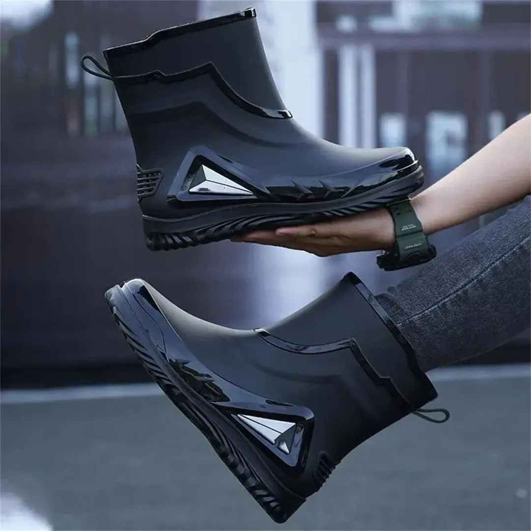 Wjnvfioo Men's Waterproof Drawstring Rain Boots Non-Slip Flat Fashion Rider Rain Boots