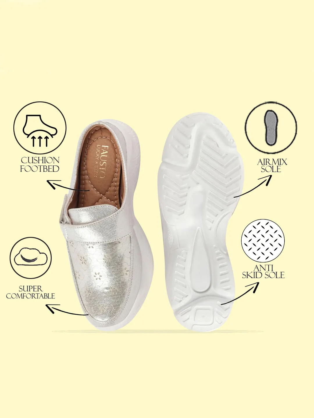 Women Silver Laser Cut Floral Design Hook and Loop Back Open Slip On Mules Shoes