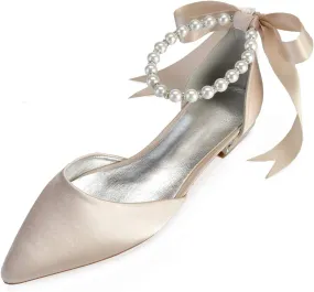 Women's Pearl Satin Wedding Shoes for Bride Flats Pointed Toe Comfortable Bridal Shoes Formal Prom Party Dress Pumps Sandals with Ankle Strap