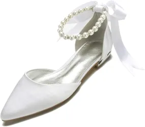 Women's Pearl Satin Wedding Shoes for Bride Flats Pointed Toe Comfortable Bridal Shoes Formal Prom Party Dress Pumps Sandals with Ankle Strap