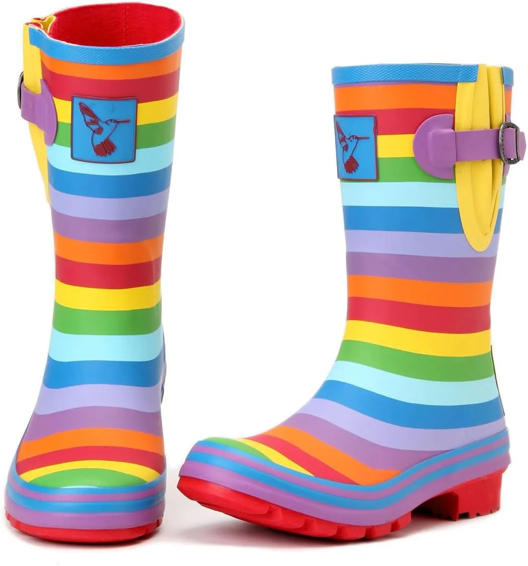 Women's Rain Boot Waterproof Mid-Calf Boots Cute Printing Rainbow Rain Boots Wellies Rain Shoes UK Brand