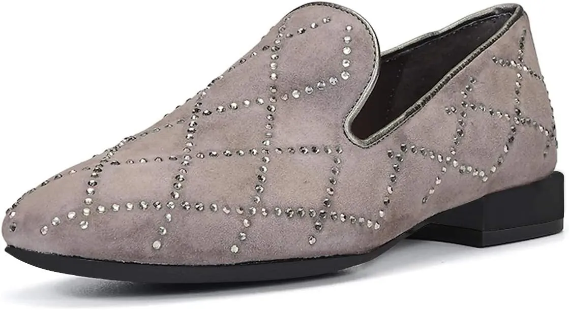 XYD Women Formal Closed Round Toe Flats Low Heel Loafer Studded for Office Lady Comfy Walking Driving Shoes